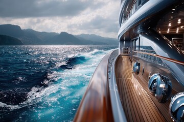 Luxury yacht cruising through vibrant waters near picturesque mountains