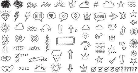 Collection of hand drawn doodle icons and symbols isolated on white background isolated on transparent background silhouette
