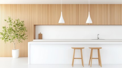 Fototapeta premium Beige and White Kitchen Spacious kitchen with beige and white color palette, sleek cabinetry, and a large island for dining, creating a warm and inviting setting.