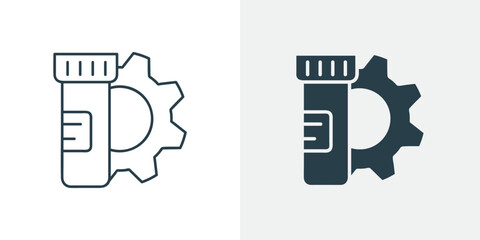 Biotech Research Icon Vector - Lab Vial and Gear with Scientific Process Outline and Solid Illustration
