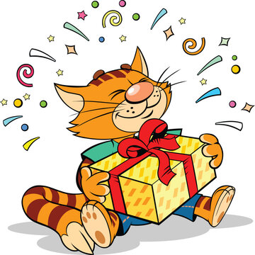Cartoon smiling Red cat holding a gift.
Color vector illustration of a cartoon red cat holds a gift in its paws and celebrates his birthday.