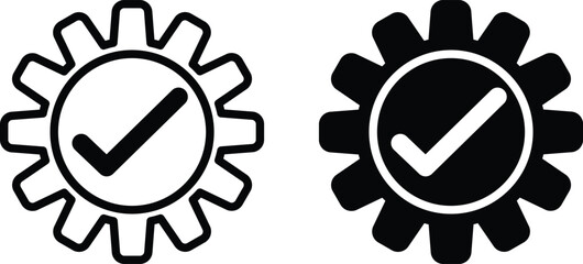 Two stylized gear icons with checkmarks inside one outlined, and one solid isolated on white background