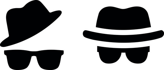 Two black silhouette icons of hats and sunglasses representing mystery and anonymity isolated on white background