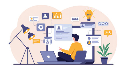 Illustration of a person sitting cross-legged using a laptop, surrounded by icons representing data, communication, and a bright idea.