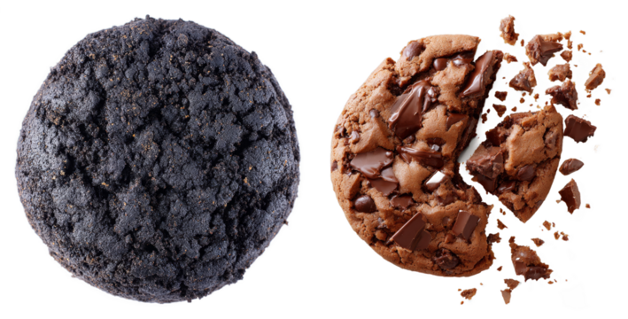 Aromatic coffee espresso cookies with cocoa powder and chocolate chunks on a black background isolated transparent png
