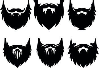 Collection of six diverse black silhouette beard styles and mustache combinations isolated on white background