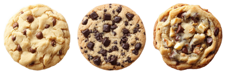 Freshly baked chocolate chip cookies with different mixins showcased on a black background, warm textures and sweet indulgence for dessert lovers isolated transparent png