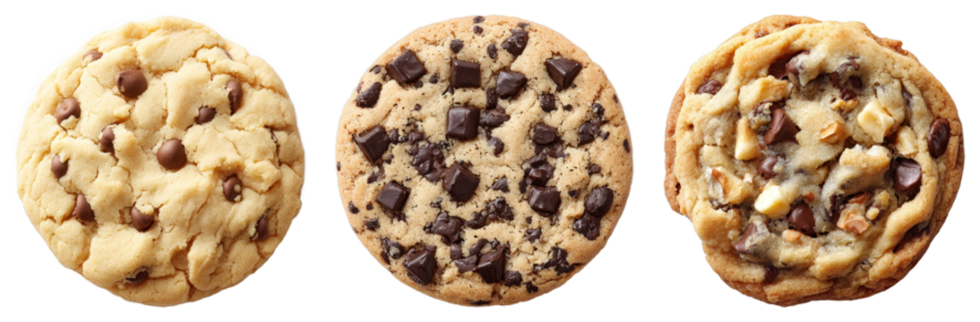 Freshly baked chocolate chip cookies with different mixins showcased on a black background, warm textures and sweet indulgence for dessert lovers isolated transparent png