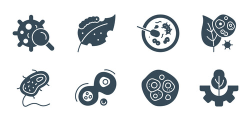 Microbiology Solid Icons Vector Set - Science, Cells, Virus, Lab Research filled illustration