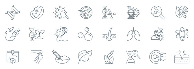 Bioengineering and Biotechnology Line Icon Set - Vector Illustrations of Genetics, Medical, Bioprinting, Research, and Science