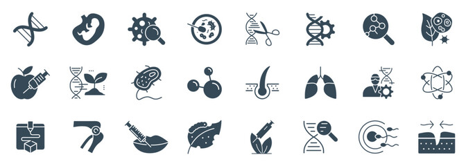 Biotechnology and Life Science Glyph Icon Set Vector - Solid Illustration for genetics, medical research, and bioengineering