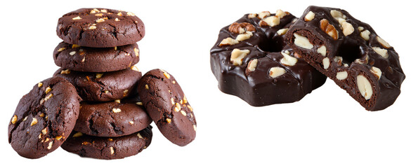 Delicious chocolate cookies and almond chocolate candy on black background isolated transparent png