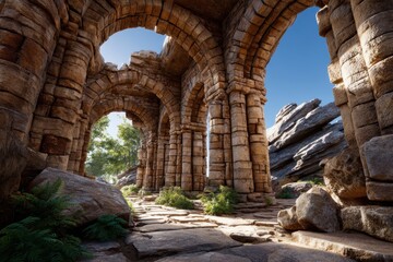 Obraz premium Ancient stone arches surrounded by nature at a remote archaeological site in daylight