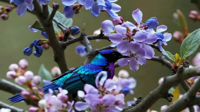 Vibrant bluebird perched and flitting among blooming cherry blossoms in springtime