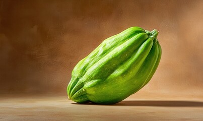 Isolated chayote squash on a smooth muted brown studio background presents whole nutritious vegetable