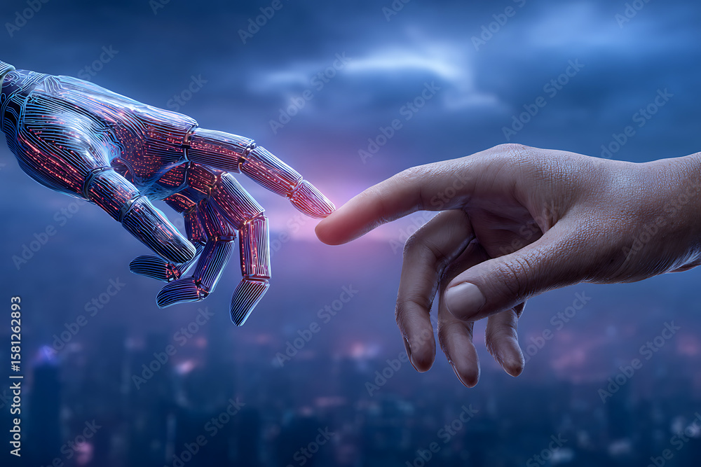Poster hyperrealistic image of a robotic hand and a human hand reaching towards each other against a blurre