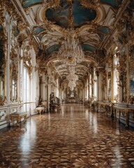 Obraz premium Grand, opulent hallway with ornate gold detailing and a stunning chandelier. A breathtaking display of elegance.