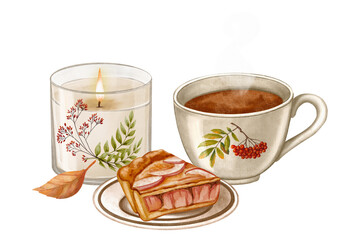 Composition with candle, slice of apple pie and cup of cocoa. Hand-painted in soft watercolor style, perfect for cozy autumn, home comfort, food themes and warm seasonal designs