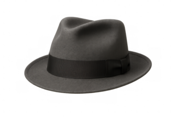Classic gray fedora hat featuring a black ribbon, isolated on a transparent background, perfect for fashion or vintage-themed projects