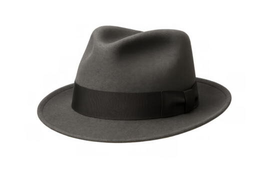 Classic gray fedora hat featuring a black ribbon, isolated on a transparent background, perfect for fashion or vintage-themed projects