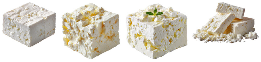 Freshly cut white cheddar cheese blocks with crumbles, bright and creamy texture, closeup with mint garnish on black background isolated transparent png
