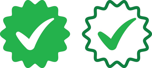 Two green check mark symbols in starburst shapes indicating approval or confirmation isolated on white background