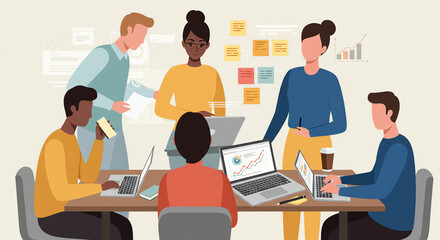 Diverse group of professionals collaborating around a table, using laptops and sticky notes in a business meeting, discussing charts and graphs for project planning.