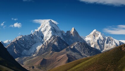 a majestic mountain range under a clear blue sky with a few scattered clouds