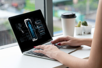 Medical science technology and futuristic healthcare virtual computer software analyze human health...