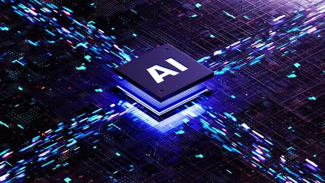AI chip on a circuit board. Symbolizes technological advancement and artificial intelligence integration. 3d rendering, conceptual image.