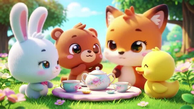 A cute animation scene featuring cartoon animals.