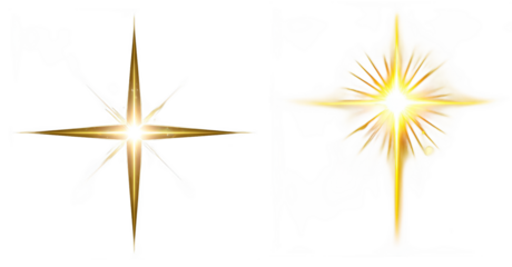 Radiant golden starbursts with luminous spikes and glowing cores against black background isolated transparent png