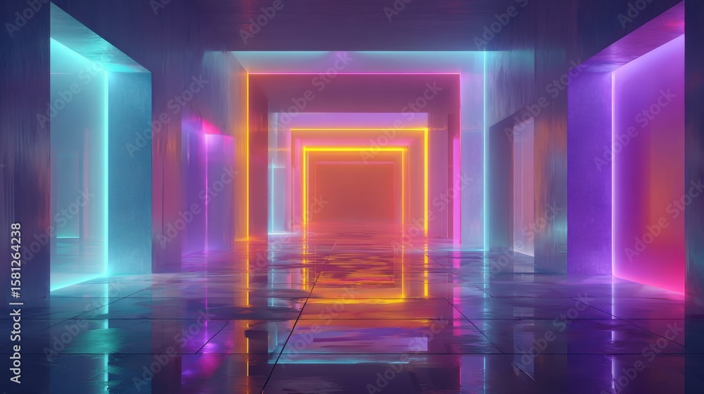 Poster bright neon lights create a vibrant atmosphere in a corridor filled with geometric shapes. the refle