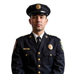A distinguished fire chief in formal uniform with gold details exuding authority and professionalism on a white background