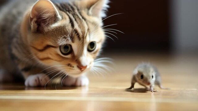 A playful scene featuring a cat frolicking with a small gerbil mouse on a tabletop, capturing a moment of curiosity and gentle interaction&mdash;blending charm, whimsy, and the unexpected harmon 4k