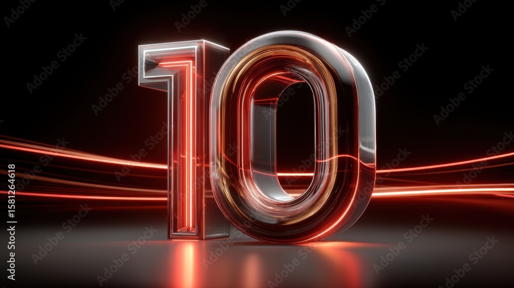 Aufkleber bright number 10 stands out with a reflective surface and is surrounded by vibrant light trails in a