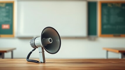A megaphone sits on a wooden surface, with a softly blurred classroom in the background.