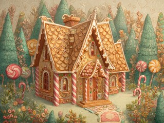 Fairytale gingerbread house with candy-cane pillars, icing roof and gumdrop pathway, storybook illustration style