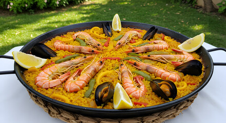Delicious Seafood Paella with Shrimp, Mussels, and Vegetables Garnished with Lemon Wedges