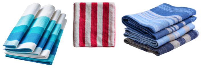 Brightly colored blue and gray striped towels and blankets displayed on black background with soft textures and folded arrangement isolated transparent png
