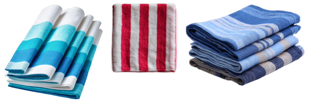 Brightly colored blue and gray striped towels and blankets displayed on black background with soft textures and folded arrangement isolated transparent png - Powered by Adobe