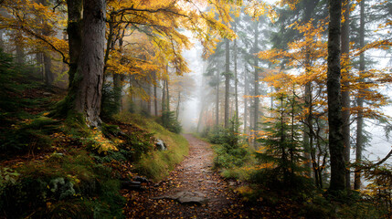 Fototapeta premium Autumn forest path misty trees golden leaves tranquil scene