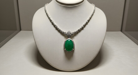 silver necklace with a large green jade pendant, adorned with sparkling diamonds, displayed on a white jewelry bust in a luxury setting