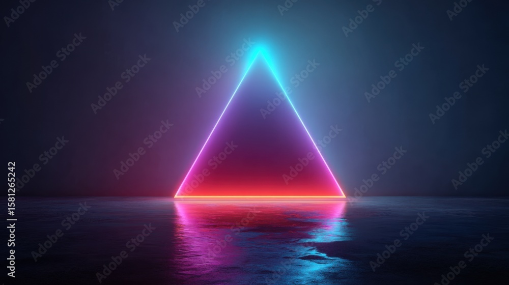 Poster a triangular shape glows with neon colors against a dark background. the vibrant lights reflect off 