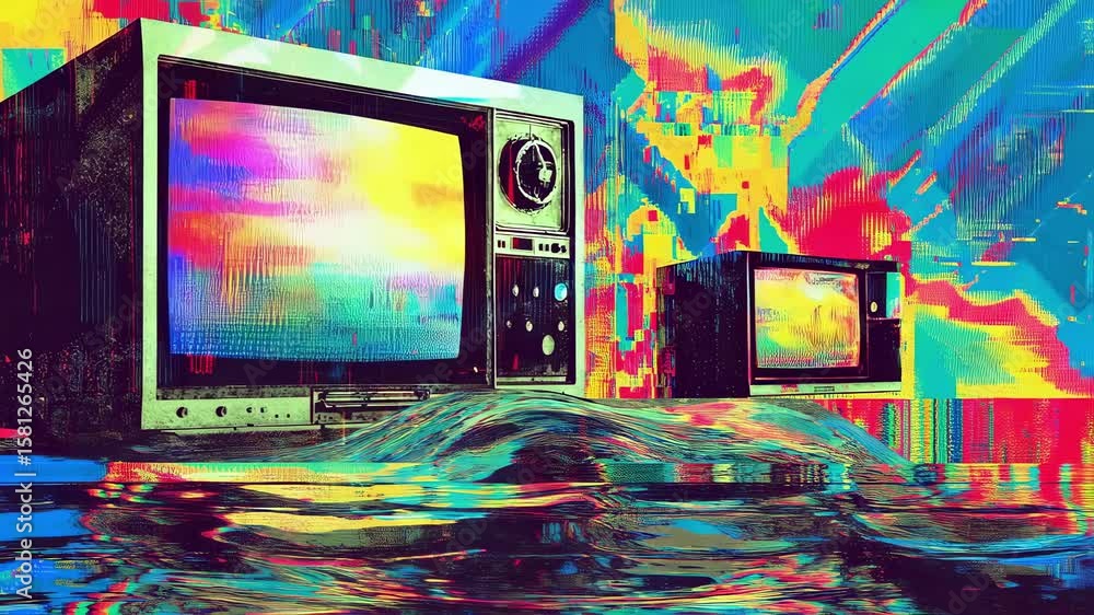 Aufkleber an animated scene depicting a retro electronics interface characterized by jagged shapes and erratic