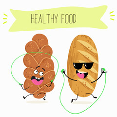 Baked food funny characters, hand drawn vector illustration.