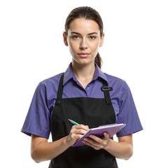 Friendly waitress standing ready to take your order in a classic diner uniform complete with notepad and pen Isolated on a clean white background