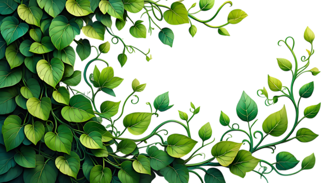 Lush green heart shaped leaves and vines against a dark black background