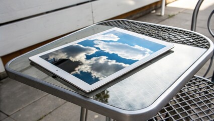 Fototapeta premium Cloud Reflections Digital Device Displaying Sky on Table, Representing Technology and Nature Integration