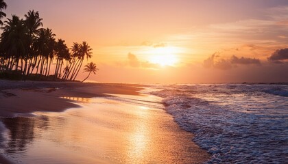 Naklejka premium serene sunset seascape with silhouetted palm trees pastel sky and gentle waves lapping on the shoreline in warm light